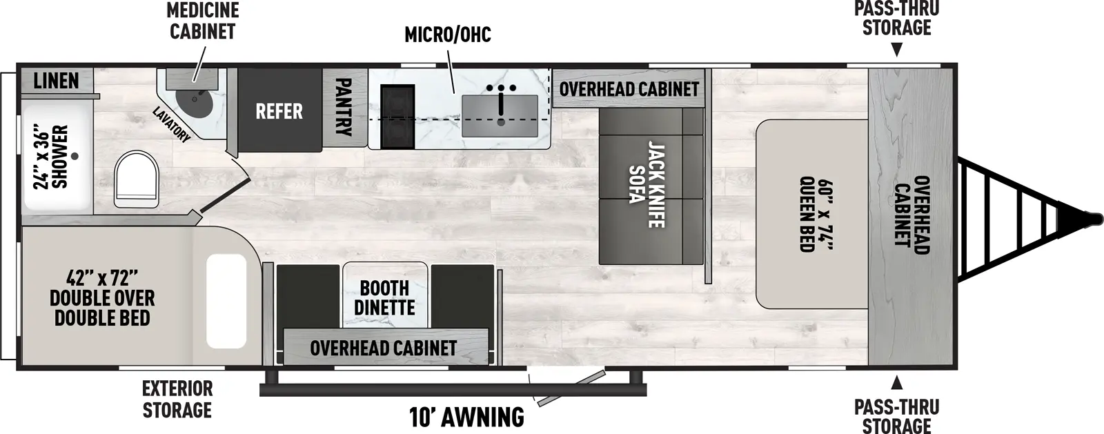 The Clipper Travel Trailers 26BH floorplan has one entry and zero slide outs. Exterior features include: metal exterior and 10' awning. Interiors features include: bunk beds and front bedroom.